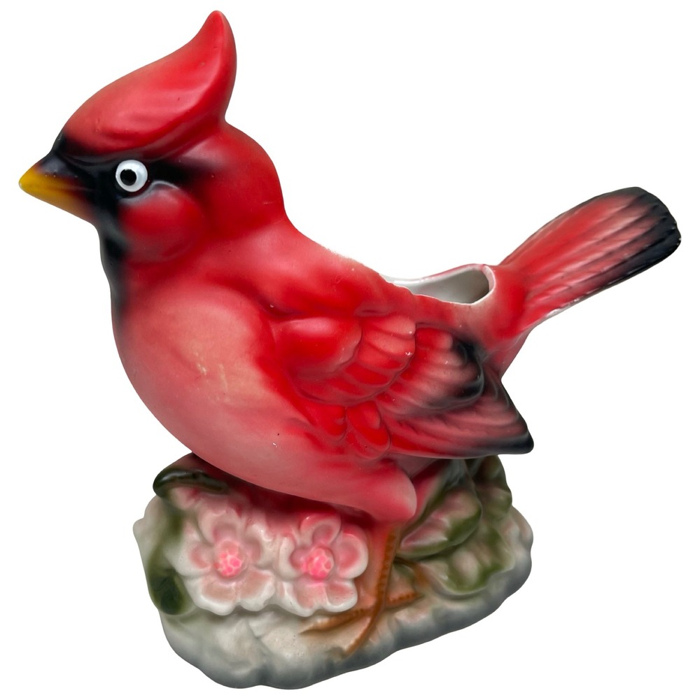 Vintage Cardinal Bird Planter Figurine Red Ceramic Floral Base Mid Century